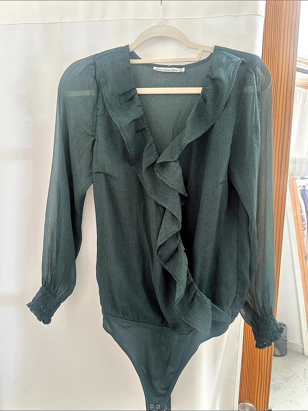 Abercrombie & Fitch Sheer Ruffle Bodysuit in Green Size Medium